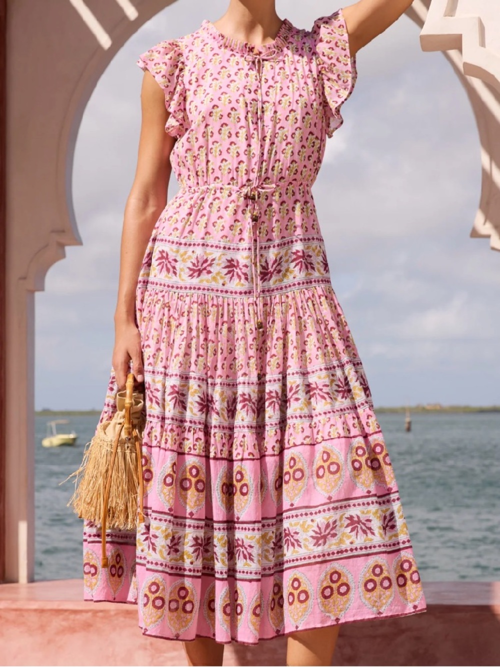 Oliphant Pink Floral Tiered Midi Dress with Ruffled Sleeves